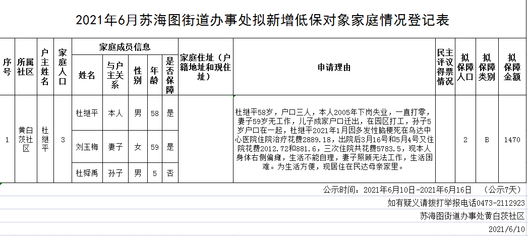 2021年6月苏海图街道办事处拟新增低保对象家庭情况登记表