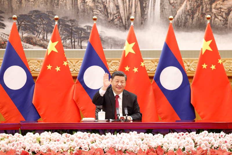 12月3日，中共中央总书记、国家主席习近平在北京同老挝人民革命党中央总书记、国家主席通伦举行视频会晤。新华社记者 丁林 摄